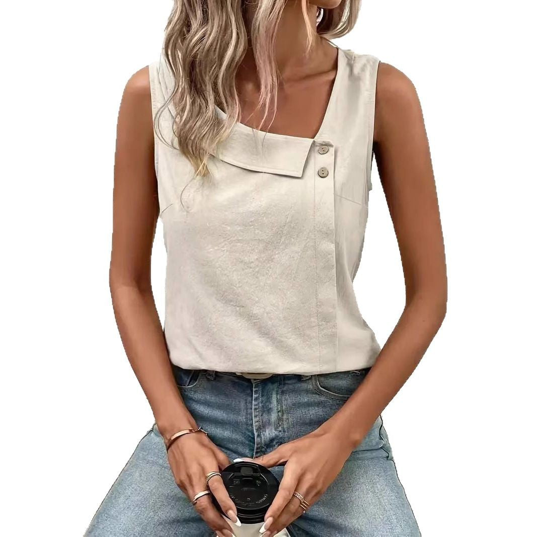 Damen modisches Top mit asymmetrischem Ausschnitt und Knopfdetails Drune