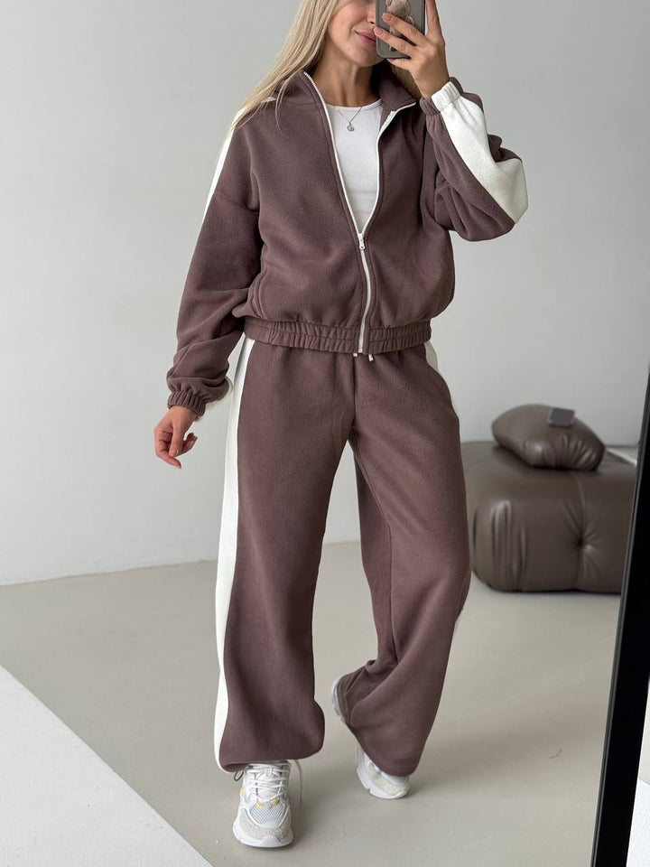 Damen sportlicher Fleece-Jogginganzug mit hohem Kragen und seitlichen Streifen Drune