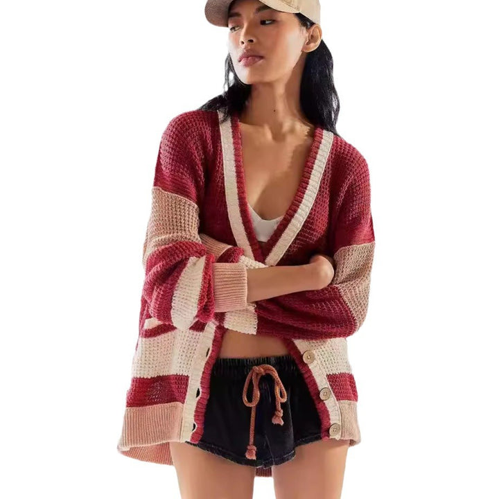 Damen lässiger Strickcardigan mit großen Taschen und stilvollen Kontraststreifen Drune