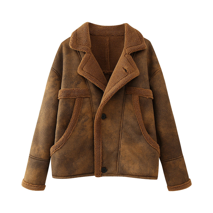 Damen gemütliche Teddy-Lederjacke mit praktischen Taschen Drune