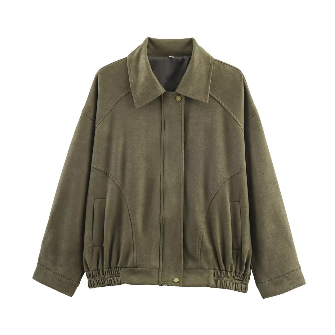 Damen nan oversized Velours-Bomberjacke mit Hemdkragen, verdeckter Druckknopfleiste und elastischem Saum Drune