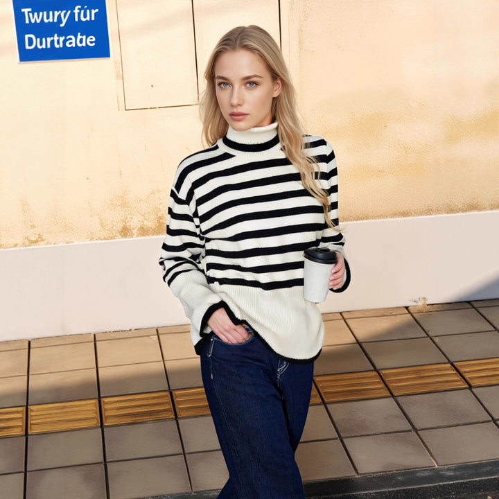 Damen Pullover mit hohem Kragen und modernem Streifenmuster Drune