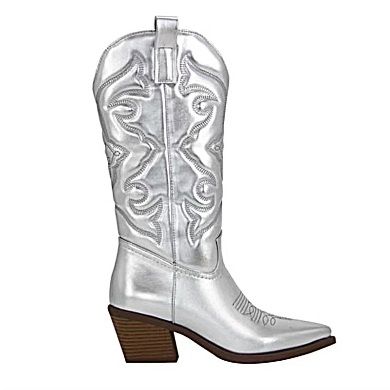 Damen nan metallische Westernstiefel mit mittelhohem Schaft dekorativer Stickerei und Seitenreißverschluss Drune
