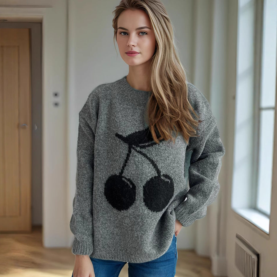 Damen Pullover mit verspieltem Kirschmotiv und weichem Strick Drune
