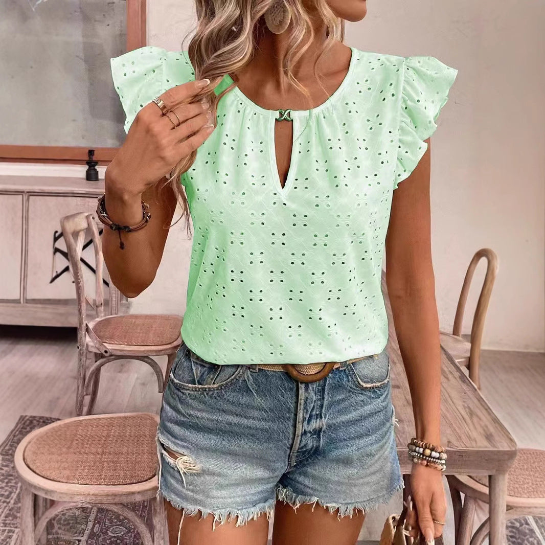 Damen Bluse mit Rüschendetails und Lochstickerei Drune