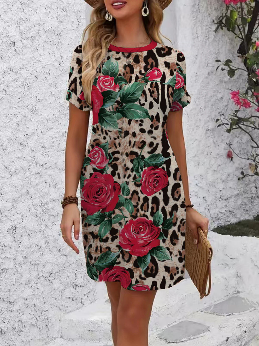 Damen lässiges Kurzarmkleid mit floralen Motiven und bequemen Schnitt Drune