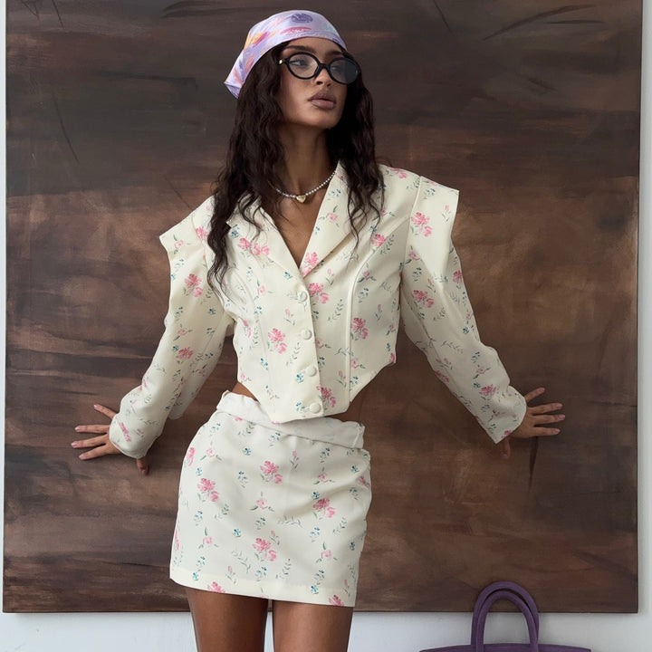 Damen Elegantes Blazer- und Minirock-Set mit floralem Muster und Puffärmeln Drune