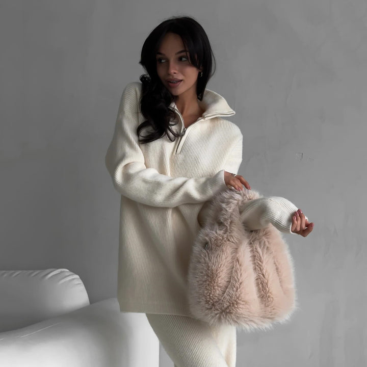 Damen Oversized Strickpullover mit hohem Kragen und Reißverschluss Drune