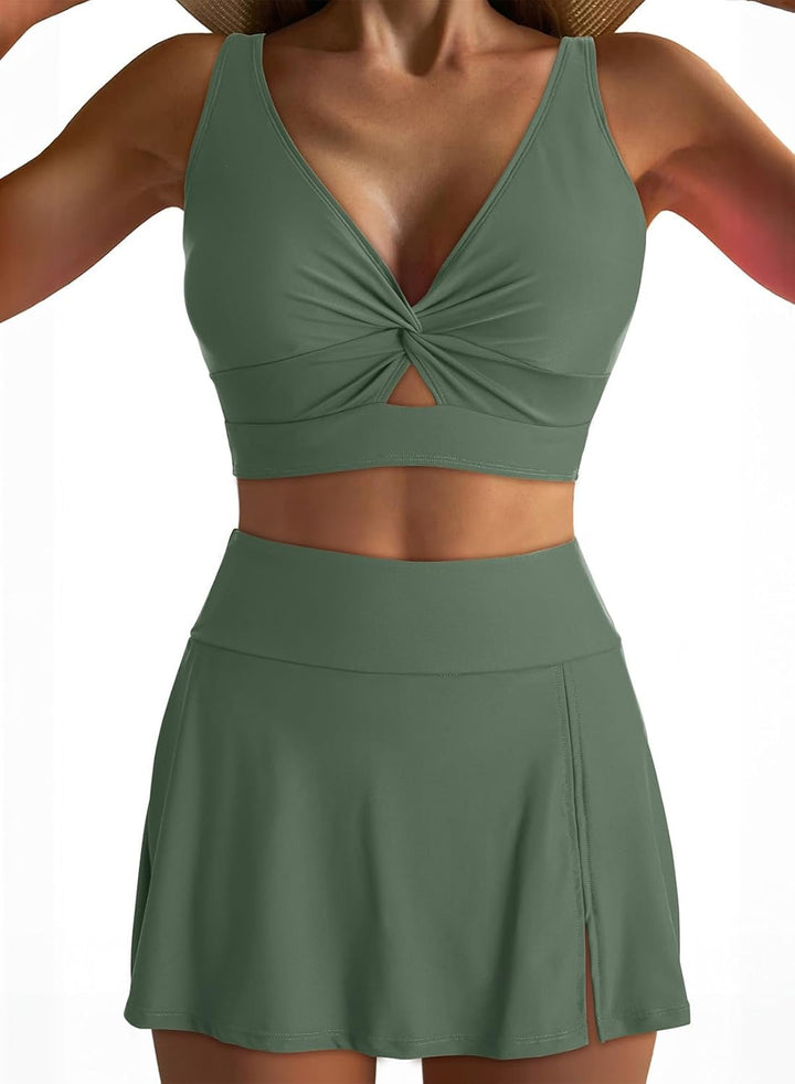 Damen Sport-Bikini-Set mit modischem Knoten-Oberteil und elegantem Rock Drune