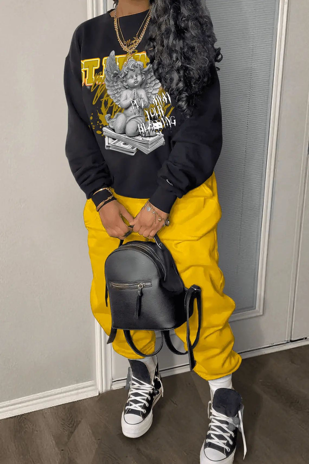 Damen Freizeit Hoodie und Jogginghose Set mit kreativem Engel-Motiv Drune