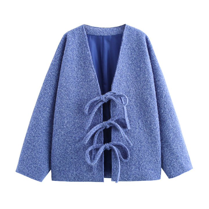 Damen Oversized Wolljacke mit dekorativen Schleifendetails Drune