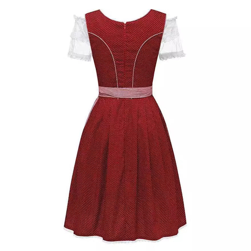 Damen nan alpines Midi-Trachtenkleid mit geschnürtem Mieder, Kurzbluse und dekorativer Herzschürze Drune