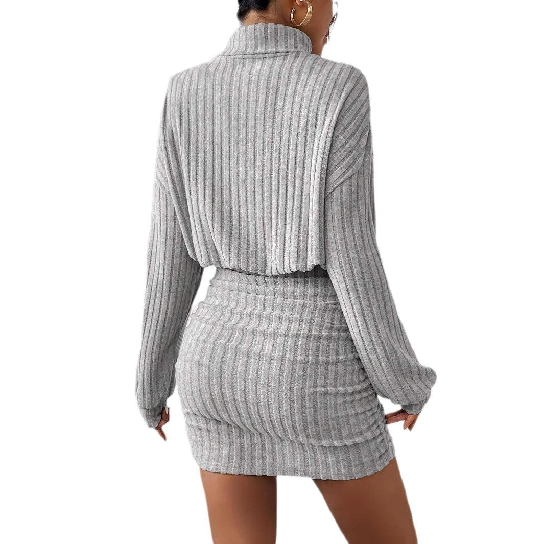 Damen Strickkleid mit hohem Kragen und Rippstruktur Drune