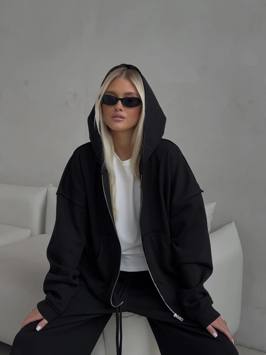 Damen Oversized Kapuzenpullover und lässige Freizeithose Set Drune