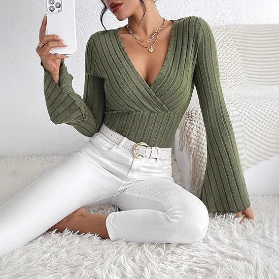 Damen Strickoberteil mit Wickeldesign und weitem Ärmel Drune