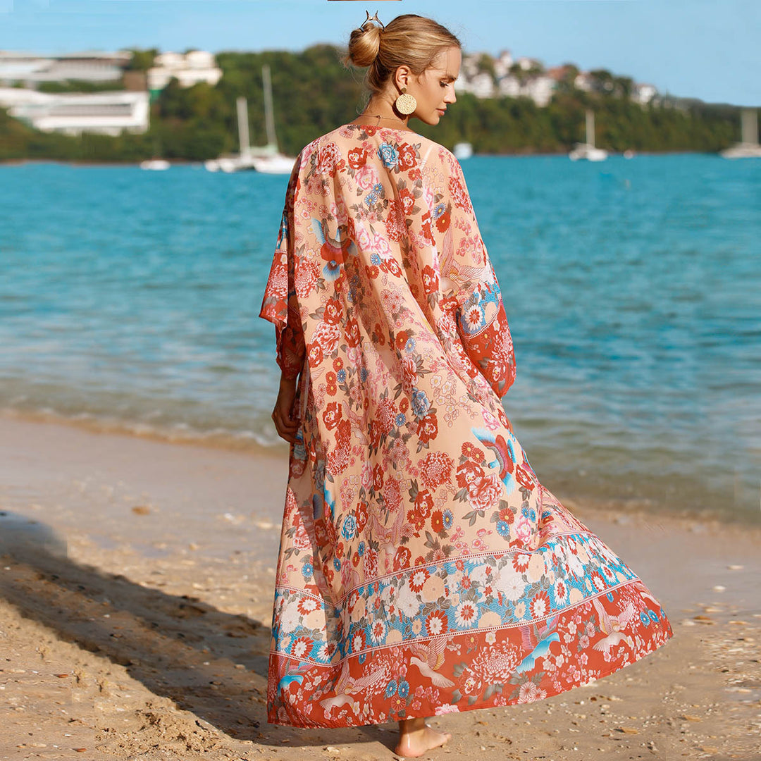 Damen floraler Strandkimono mit weit geschnittenen Ärmel Drune