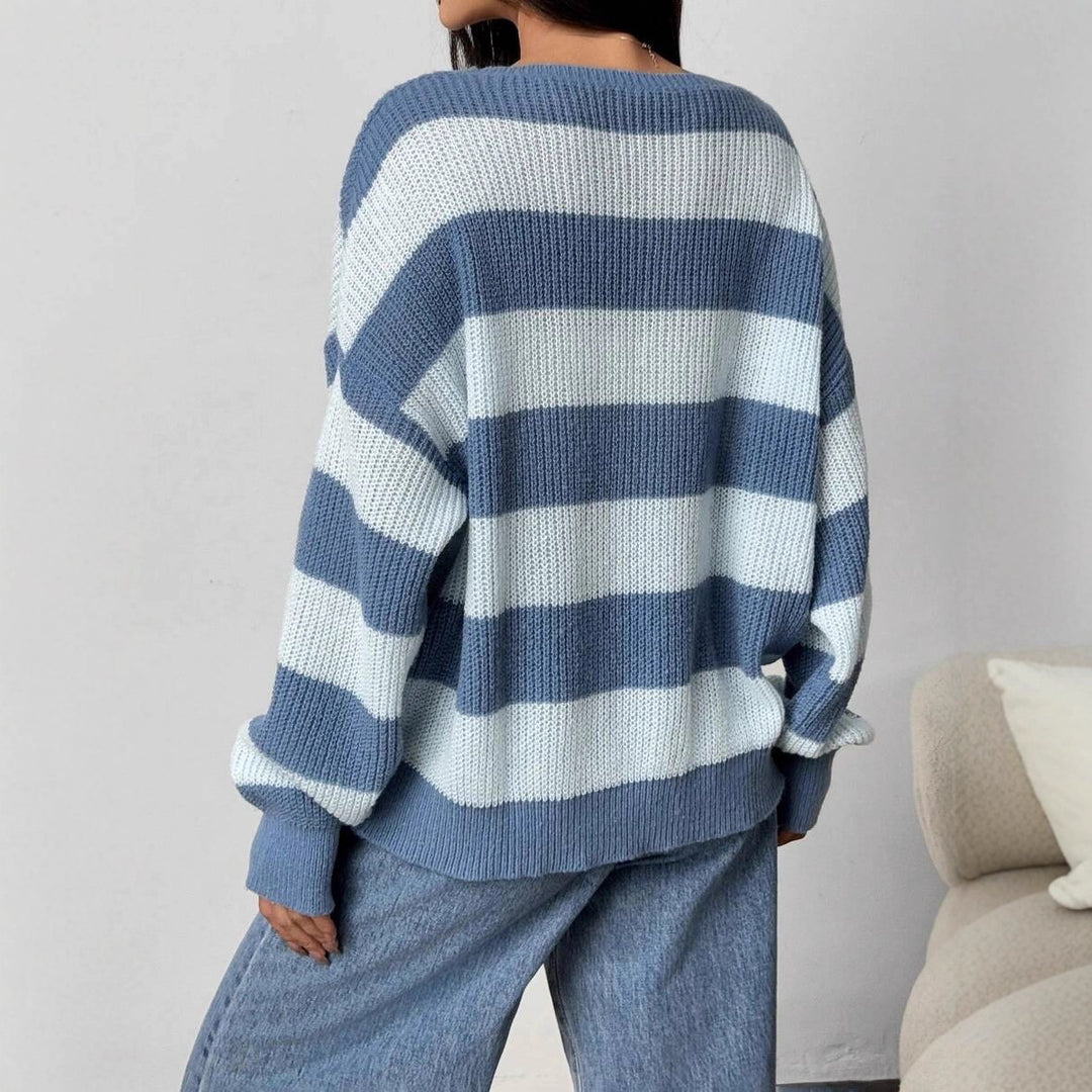 Damen Großer Strickpullover mit lässigem Blockstreifenmuster und weit geschnittenem Rundhalsausschnitt Drune