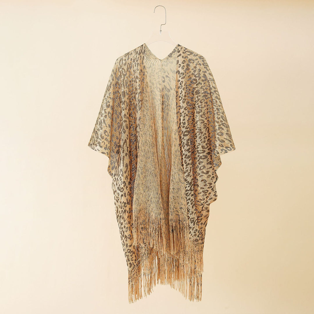 Damen Eleganter Fransen-Poncho mit Leopardenmotiv Drune