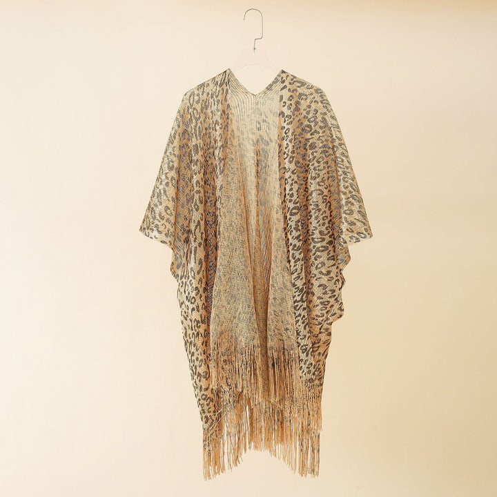 Damen Eleganter Fransen-Poncho mit Leopardenmotiv Drune