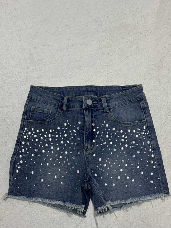 Damen Designer-Shorts mit funkelnden Strass-Steinen und fransigem Saum Drune