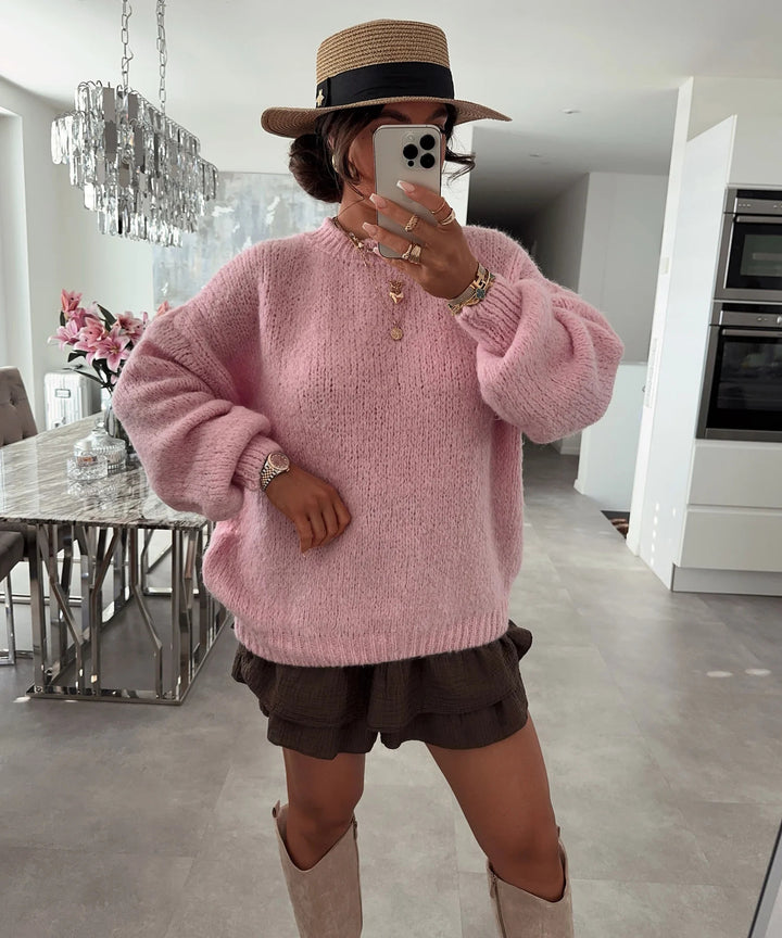 Damen Strickpullover mit voluminösen Ärmeln und feiner Struktur Drune