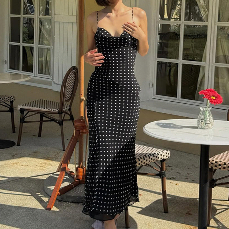 Damen Maxi-Kleid mit zarten Spaghettiträgern und Polka-Dot-Muster Drune