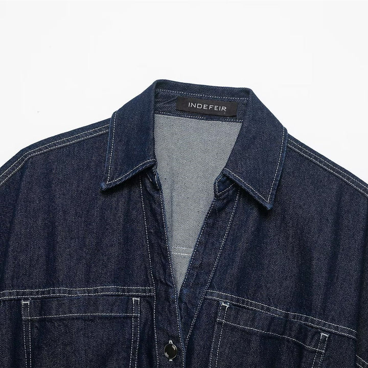 Damen Oversize Denim-Bluse mit praktischen Taschen und elastischem Saum Drune