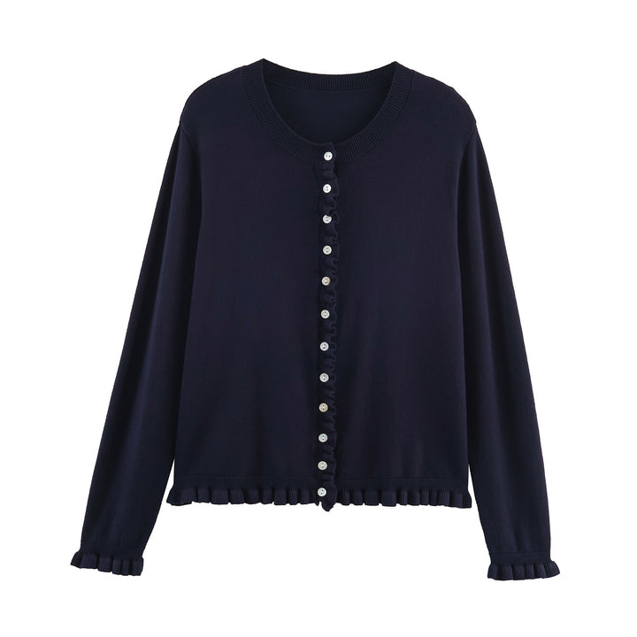 Damen gestreifte Strickjacke mit Rüschendetails und Knopfverschluss Drune