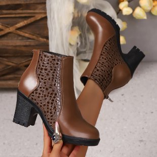 Damen nan elegante Ankle-Boots mit geflochtenem Cut-Out-Obermaterial, seitlichem Reißverschluss und komfortablem Blockabsatz Drune
