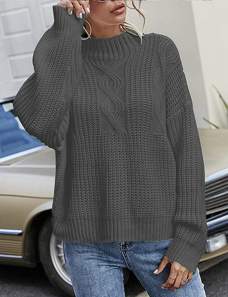 Damen lässiger Strickpullover mit tiefem Rundhalsausschnitt und lockerer Passform Drune