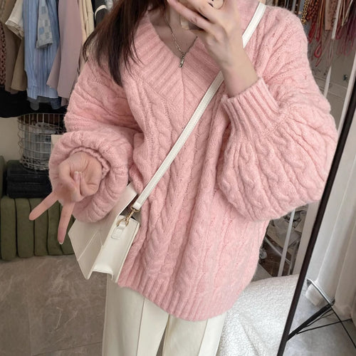 Damen Strickpullover mit strukturiertem Kabelmuster und voluminösen Ärmeln Drune