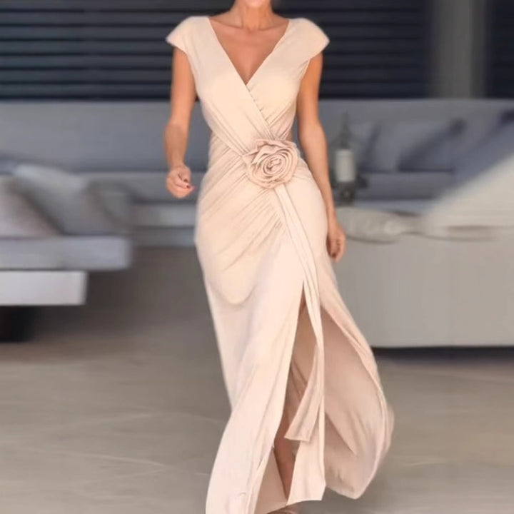 Damen Maxikleid mit femininem Wickeldesign und dekorativem Blumendetail Drune