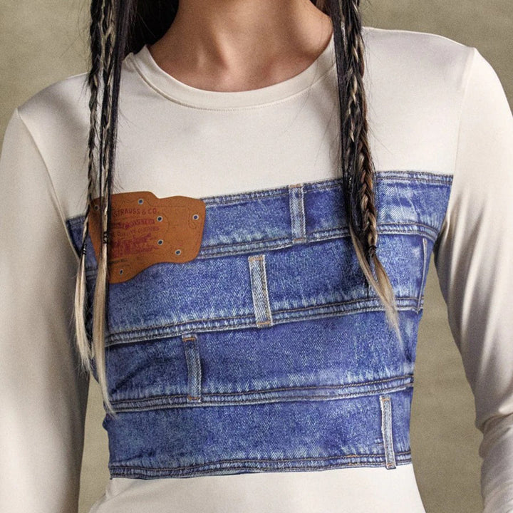 Damen Langarmshirt mit kreativem Denim-Druck und figurbetontem Schnitt Drune