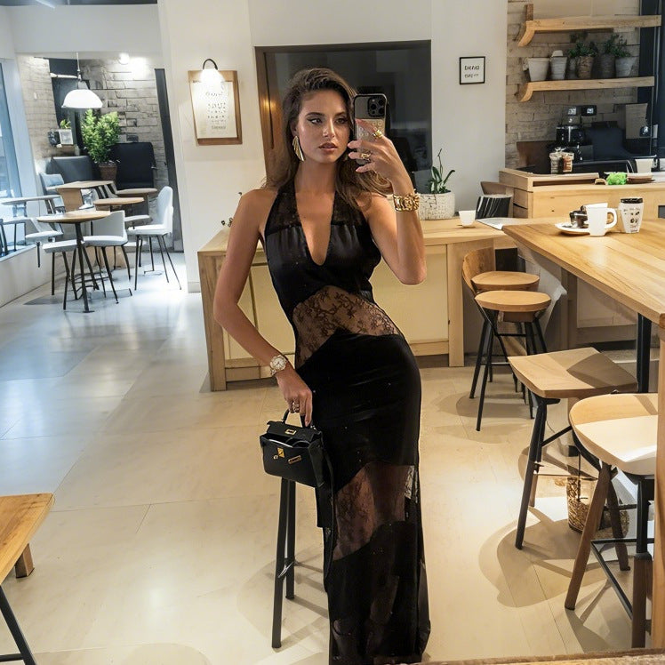 Damen Transparentes Spitzen-Maxikleid mit tiefem V-Ausschnitt und eleganter Silhouette Drune