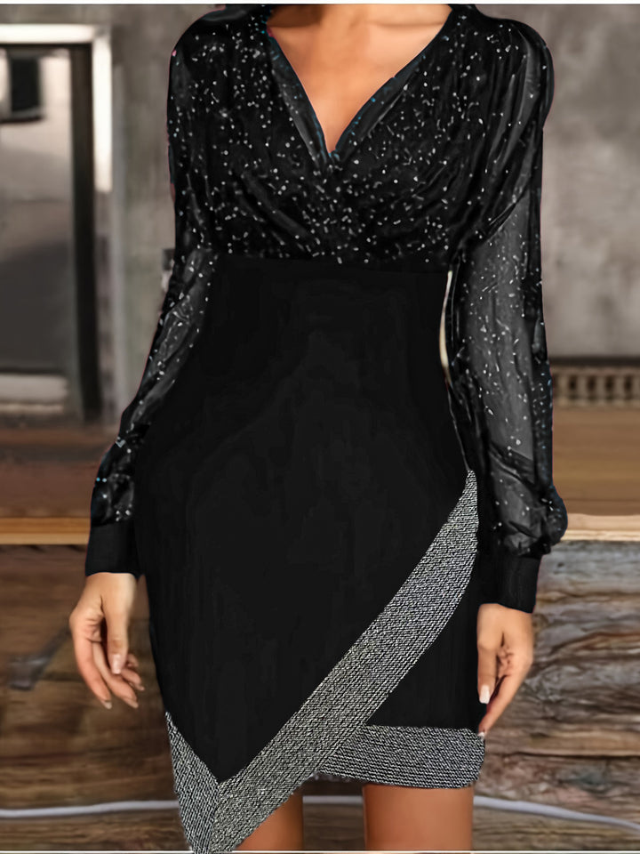 Damen Glamouröses Abendkleid mit funkelnden Ärmeln und asymmetrischem Schnitt Drune
