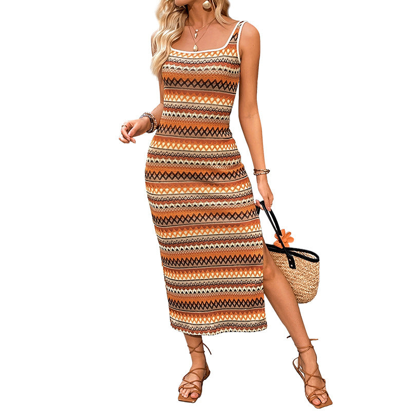 Damen Maxikleid mit buntem Jacquardmuster und seitlichem Schlitz Drune