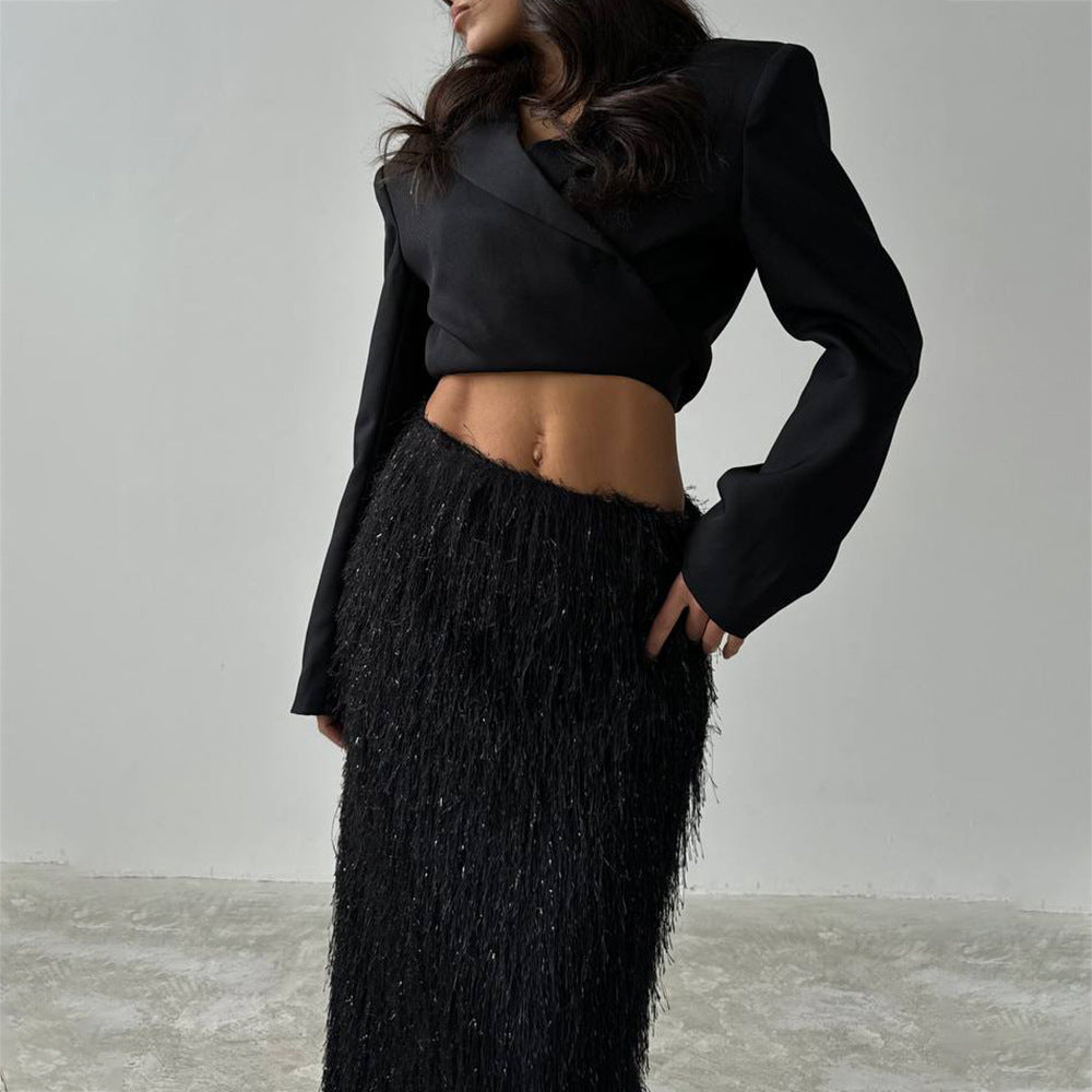 Damen eleganter Wickel-Oberteil und Maxi-Rock mit schimmernden Akzenten Drune