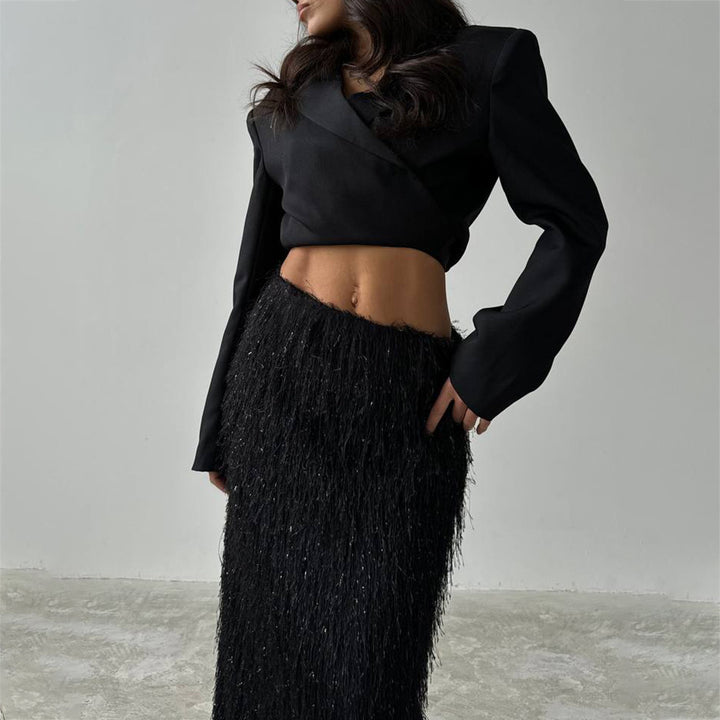 Damen eleganter Wickel-Oberteil und Maxi-Rock mit schimmernden Akzenten Drune