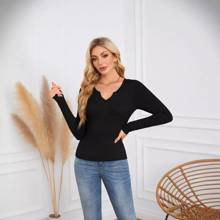 Damen Langarmshirt mit elegantem V-Ausschnitt und feiner Textur Drune