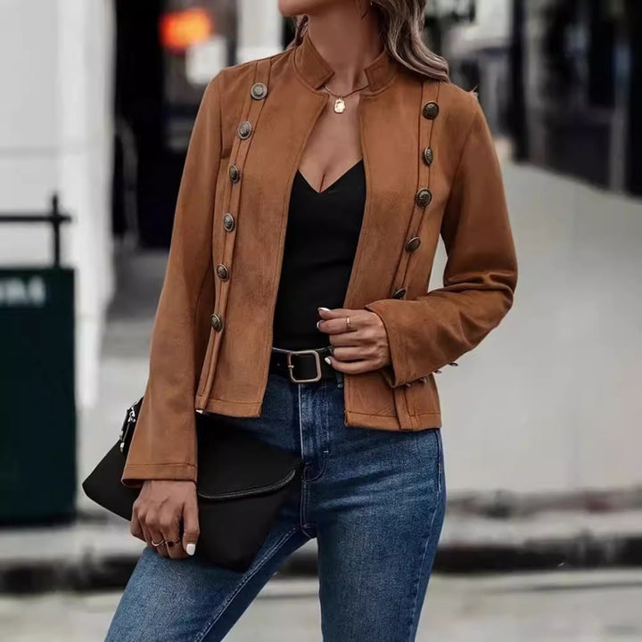 Damen schicke Suede-Jacke mit dekorativen Knöpfen Drune