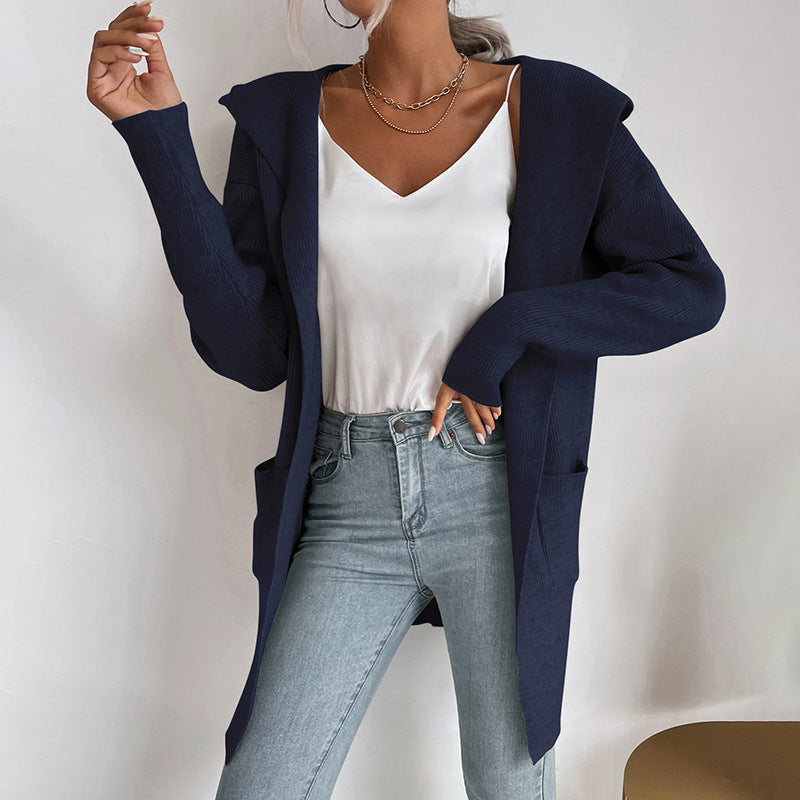 Damen lässiger Strickcardigan mit hohem Kragen und offenen Front Drune