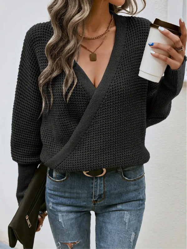 Damen lässiger Strickpullover mit gekreuztem Design und V-Ausschnitt Drune