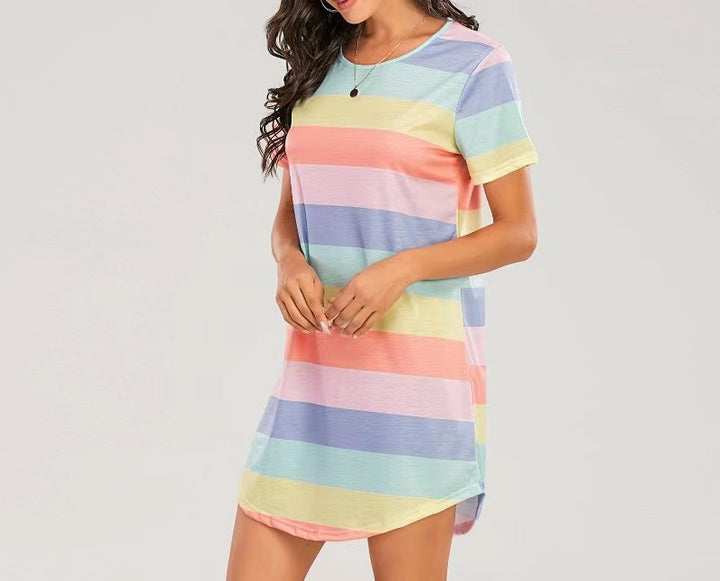Damen Kurzarm Kleid mit auffälligem Streifenmuster und bequemem Schnitt Drune