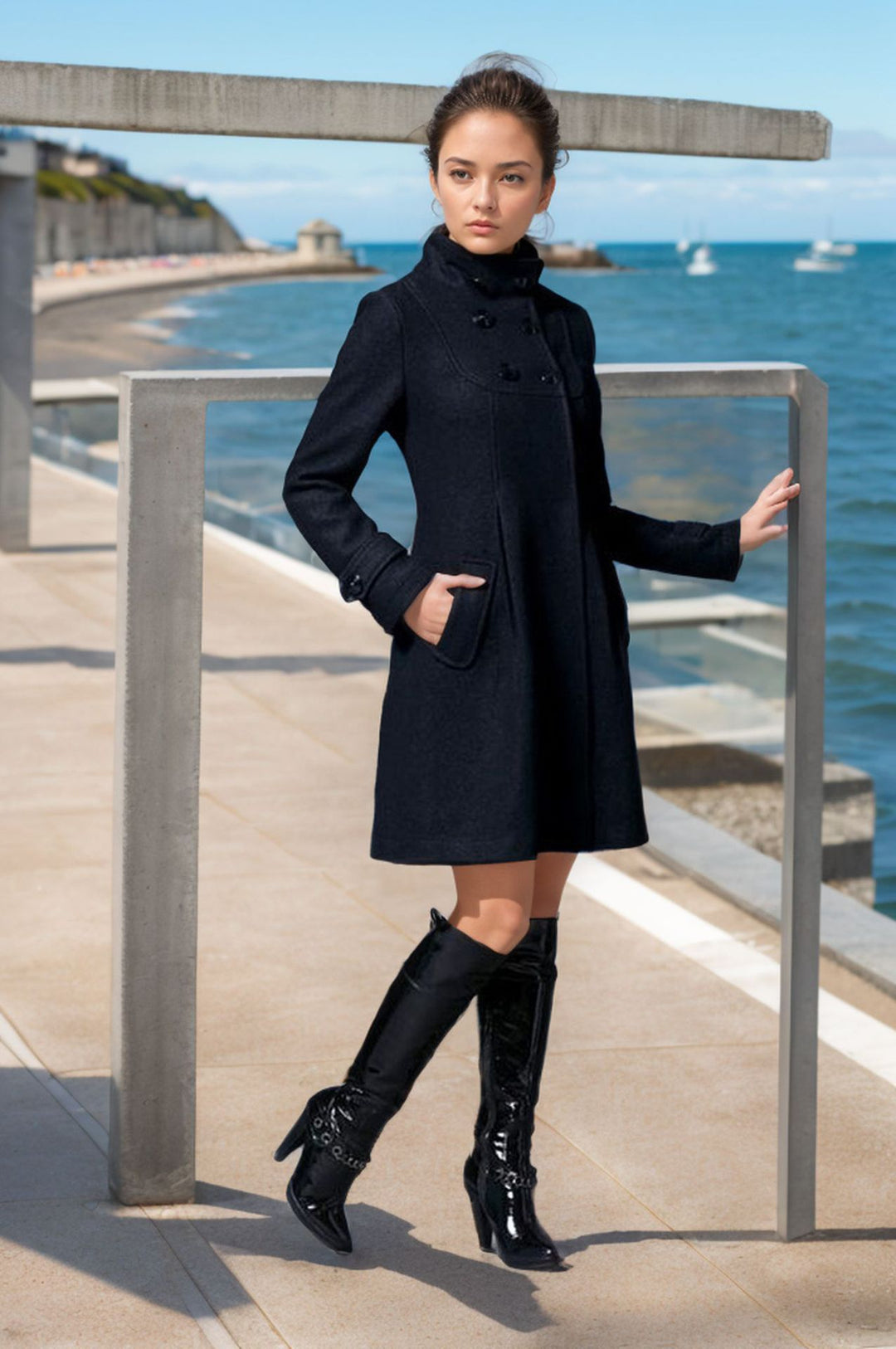 Damen eleganter Mantel mit hohem Kragen und funktionalen Taschen Drune