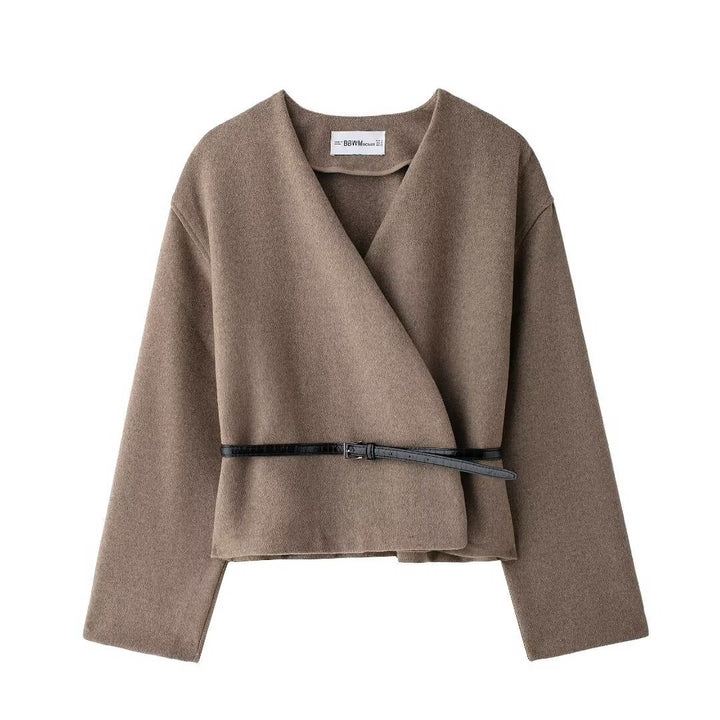 Damen nan kurz geschnittene Wickeljacke mit V-Ausschnitt und schmalem Taillengürtel Drune