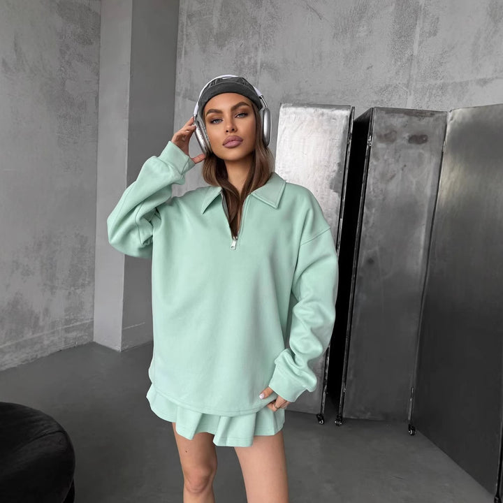 Damen Sportliches Sweatshirt mit Zipper und passendem Rock Drune