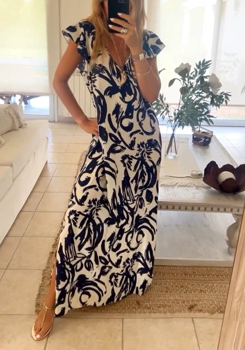 Damen Maxikleid mit voluminösen Ärmeln und elegantem V-Ausschnitt Drune