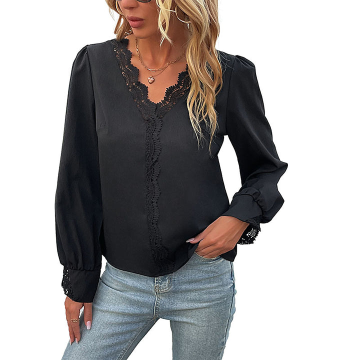 Damen elegante Bluse mit Spitzendetails und V-Ausschnitt Drune