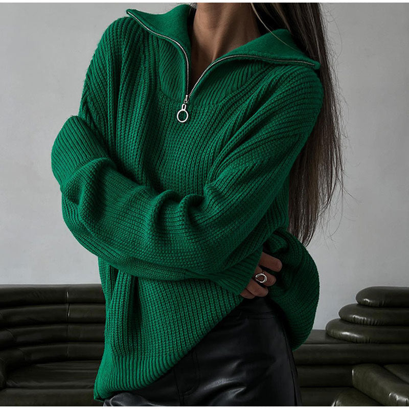 Damen Oversized Strickpullover mit stehendem Kragen und Reißverschluss Drune