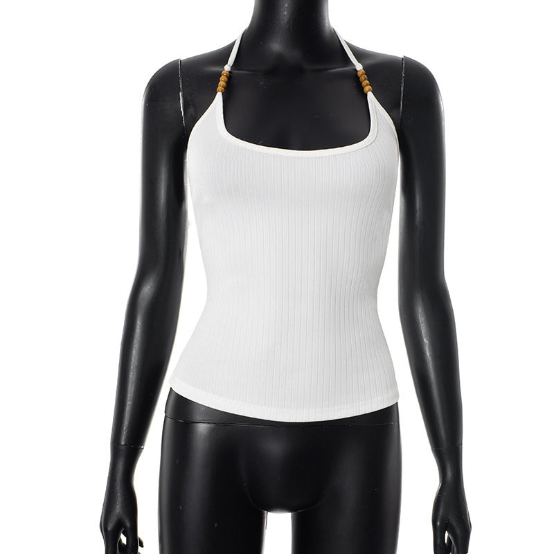 Damen Neckholder-Top aus hochwertigem Rib-Material mit dekorativen Holzakzenten Drune